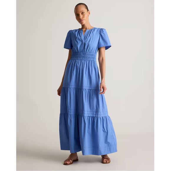 Quince 100% Organic Cotton Poplin Tiered Maxi Dress SZ MEDIUM True Blue EUC - Picture 1 of 13